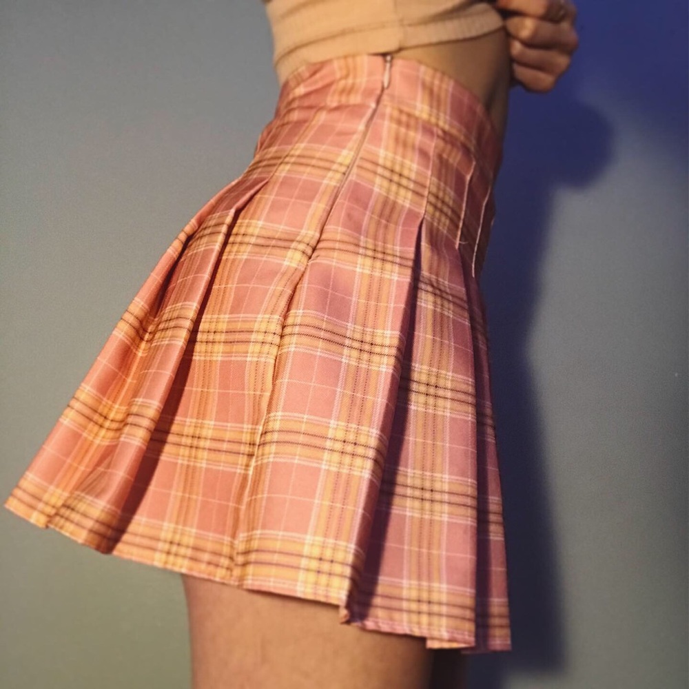 pink plaid pleated skirt with built in shorts